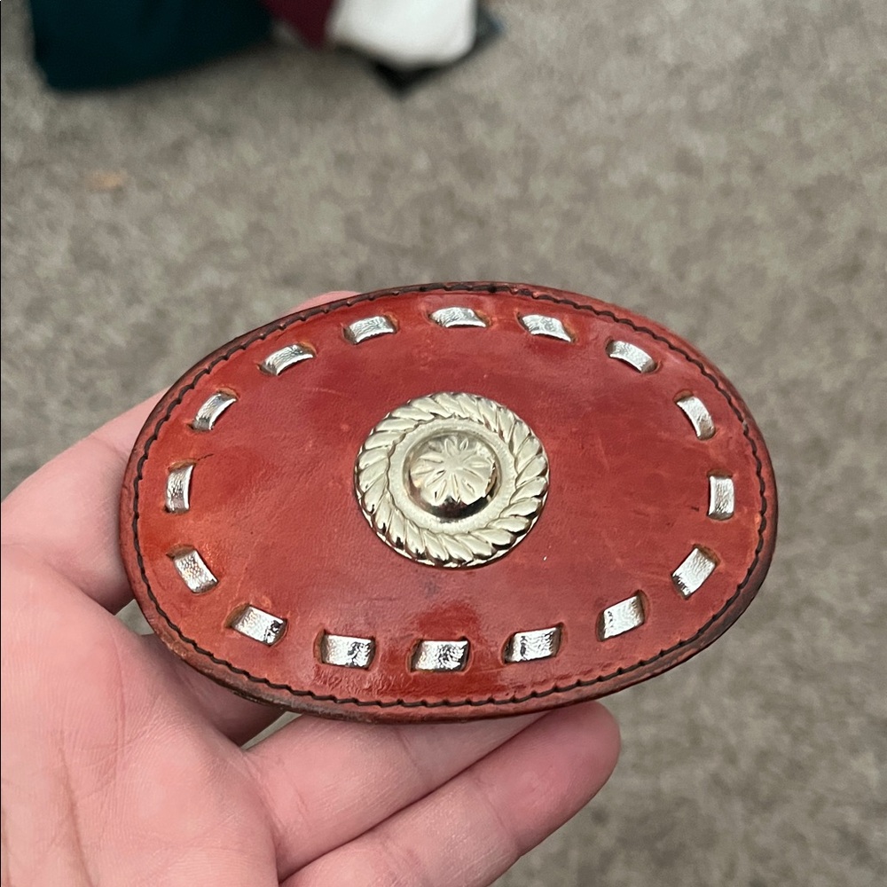Vintage Leather Belt Buckle with Silver Accents